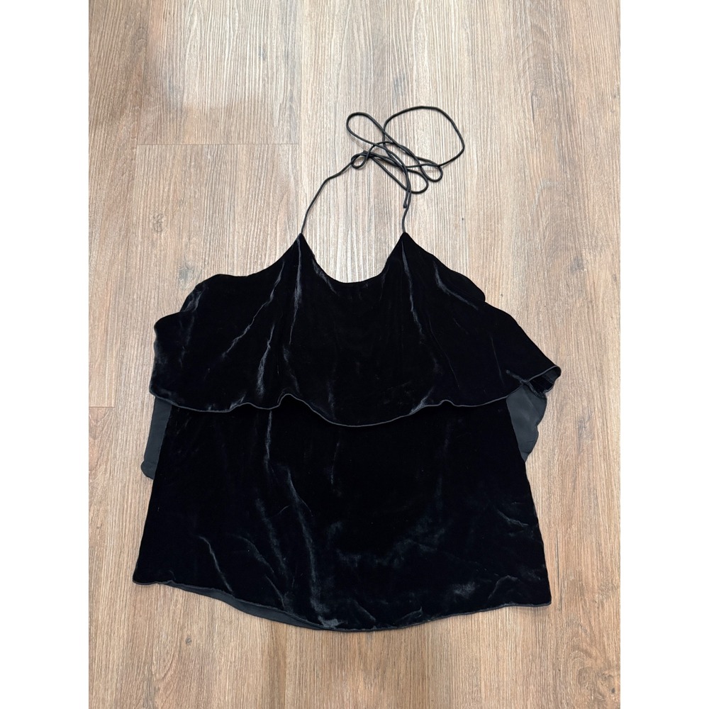 Alice + Olivia Black Silk Blend Velvet Ruffle Halter Top CC710B12025 Small NWT